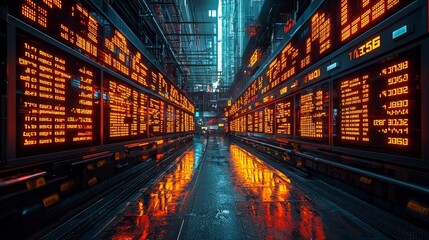 Futuristic Trading Floor with Transparent Screens and Dynamic Visuals