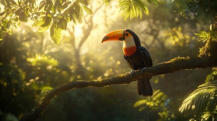 A charming toucan perched on the branch of a tree in its tropical rainforest habitat, showcasing its unique beak and vibrant plumage, natural lighting, sunshine. 