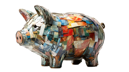 Piggy bank covered in colorful mosaic tiles on transparent background