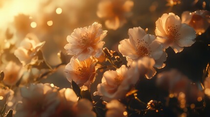 A close-up of delicate blossoms in full bloom, with the soft sunlight filtering through them, creating an ethereal and enchanting atmosphere. The background is blurred