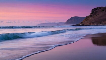 Fototapeta premium evening seascape with purple sky. tranquil scene of waves gently breaking at the shore and purple sky