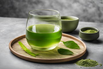 Refreshing Matcha Green Tea Drink in Glass Bamboo Tray Powder Leaves