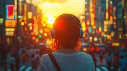 Fototapeta premium young woman wearing colorful headphones enjoys sunset in busy city
