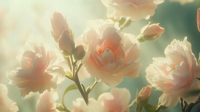 A close-up of delicate blossoms in full bloom, with the soft sunlight filtering through them, creating an ethereal and enchanting atmosphere. The background is blurred