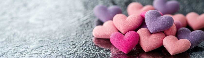 Obraz premium Brightly Colored Hearts in Pink and Purple on a Metallic Surface for Decorative and Romantic Themes