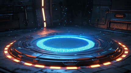 In a high-tech setup, a circular stage with segmented neon blue glowing borders emphasizes a floating embroidered patch mockup.