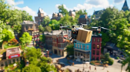 Drone Delivery Service Above Charming Town Aerial View Package Transportation