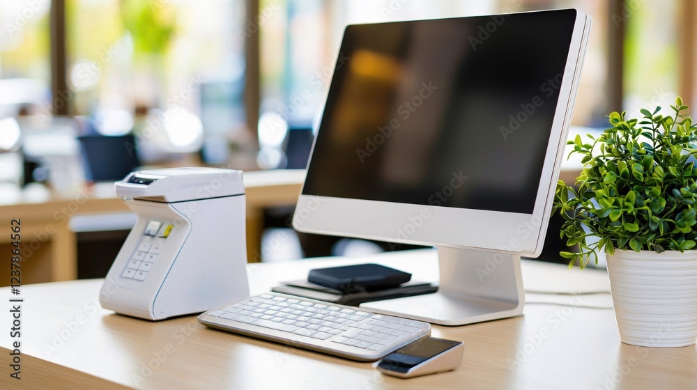 Poster modern retail workspace setup clean desk computer keyboard payment terminal