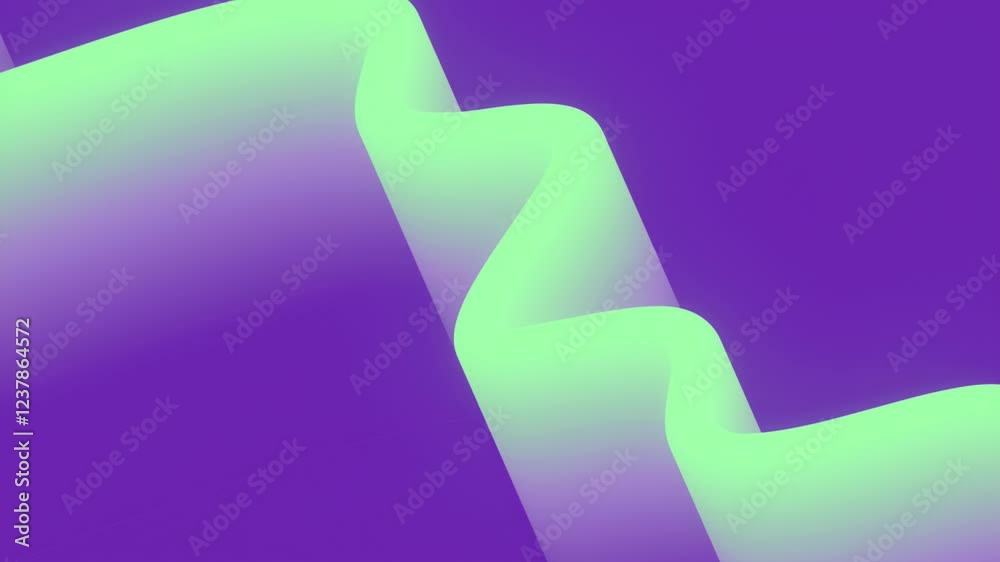 Poster Abstract digital seamless loop animation with smoothly flowing ribbon, curved wavy shape, on purple background. Color palette with light green gradient. 3d rendering 4K