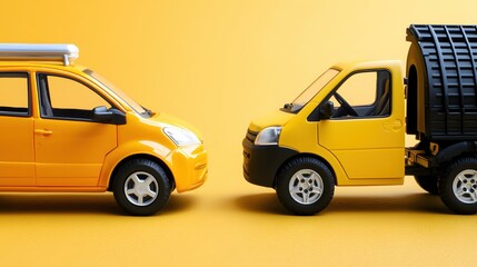 Naklejka premium Yellow Toy Cars Facing Each Other on Yellow Background Fun Minimalist Transportation Concept