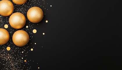 Golden decorative spheres scattered on a black background, creating a festive atmosphere