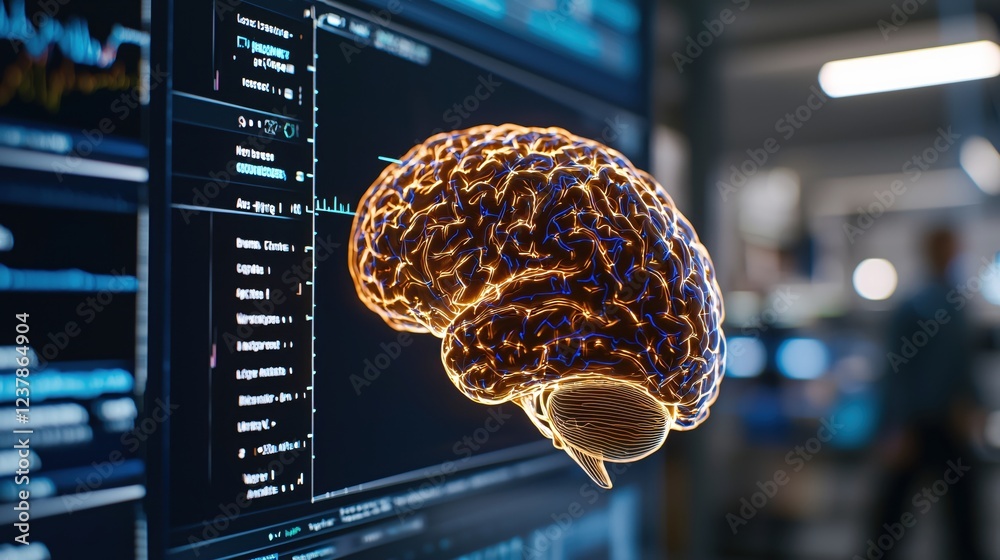 Poster illuminated brain model on tech screen displaying data