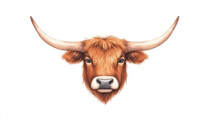 Naklejka premium Realistic illustration of a Highland cow's head with prominent horns against a white background