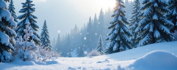 Obraz premium Softly falling snowflakes create a serene landscape amidst snow-covered evergreens, peaceful, serene