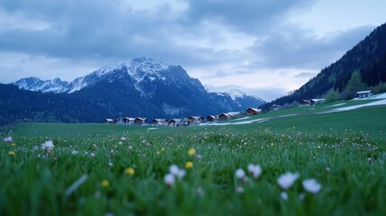 Obraz premium Alpine Village Meadow Sunset Landscape