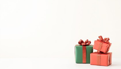 Colorful holiday gift boxes with bows on a minimalist white background, perfect for festive promotions