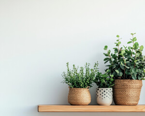 Fototapeta premium Stylish Indoor Plant Arrangement in Woven Baskets on Wooden Shelf Against Neutral Wall; Perfect for Home Decor and Botanical Inspiration