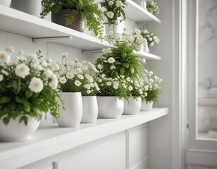 Fototapeta premium Stylish home interior with white shelving filled with fresh greenery and delicate white flowers, chic, delicate white flowers, home interior, stylish, botanical