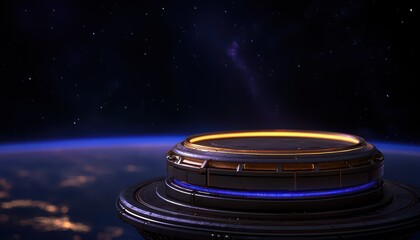 Obraz premium A futuristic platform orbiting Earth, surrounded by a stunning cosmic backdrop of stars and galaxies.