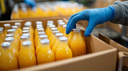 In soft industrial lighting, a focused person in blue gloves grabs a bottle of orange juice from neatly stacked boxes, highlighting the organized vibe of the production line