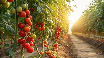 Sunlit tomato vines with ripe red tomatoes and other seasonal fruits in a vibrant display, summer fruits, seasonal harvest