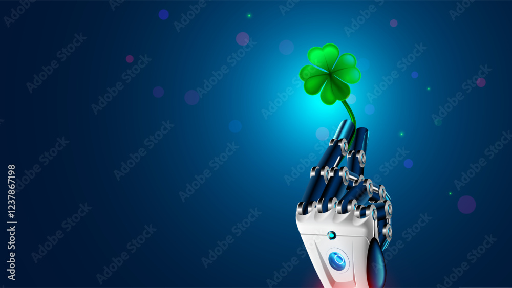 Poster ai robot hand holds a four-leaf clover, symbol of good luck. online bot brings good luck on betting,