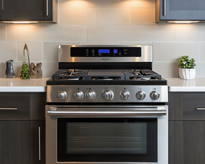Fototapeta premium Modern Stainless Steel Gas Range in Contemporary Kitchen Interior with Minimalist Decor and Soft Lighting