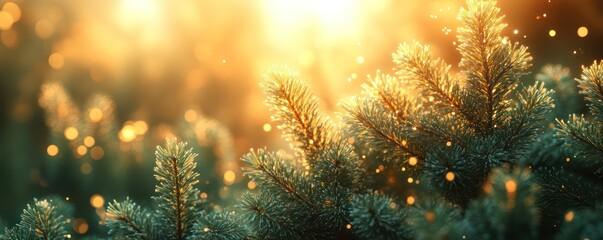 Fototapeta premium Golden Hour Enchantment: A Serene Winter Sunrise in the Evergreen Forest