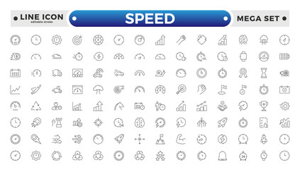 Speed icon set. Containing fast, slow, movement, productivity, indicator, turbo, speeding, gauge, express, and speedometer icons. Editable stroke outline icon.