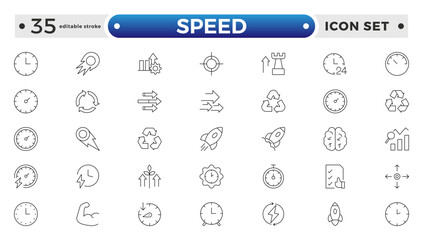 Speed icon set. Containing fast, slow, movement, productivity, indicator, turbo, speeding, gauge, express, and speedometer icons. Editable stroke outline icon.