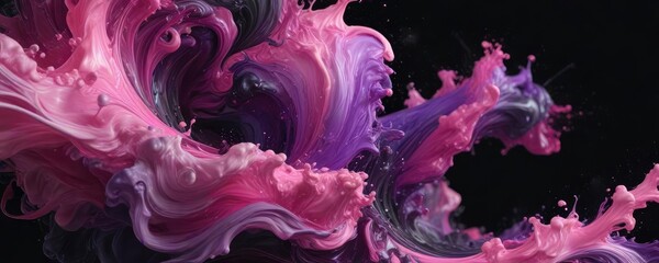 Obraz premium Swirling pink and purple fluid art on a black background with subtle gradient effects , oceanic colors, pink swirls