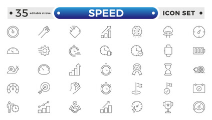 Speed icon set. Containing fast, slow, movement, productivity, indicator, turbo, speeding, gauge, express, and speedometer icons. Editable stroke outline icon.
