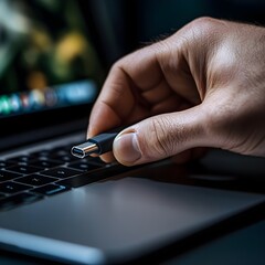 Fototapeta premium Connecting USB-C Cable to Laptop A Close-Up Image of a Hand Inserting a USB-C Connector into a Laptop's USB-C Port for Data Transfer or Charging, 