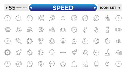 Speed icon set. Containing fast, slow, movement, productivity, indicator, turbo, speeding, gauge, express, and speedometer icons. Editable stroke outline icon.