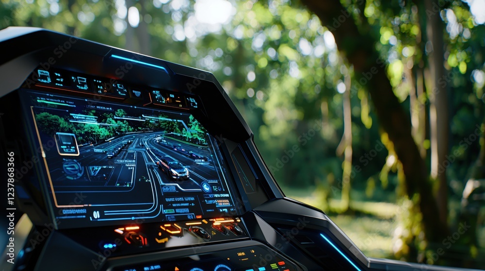 Poster futuristic car dashboard displaying road navigation system in forest setting