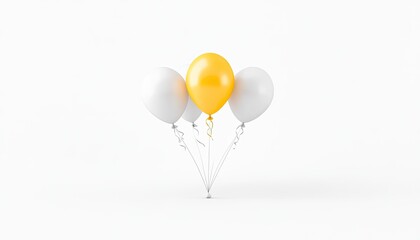 Three colorful balloons, two white and one yellow, floating together against a plain background