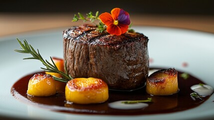An elegant plate features a beautifully cooked steak at the center, accompanied by golden saut&eacute;ed vegetables and a colorful flower garnish. A rich sauce enhances the gourmet experience