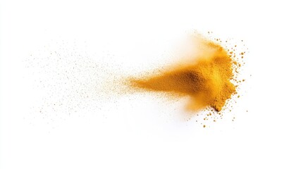 Vibrant yellow spice powder dispersing into the air against a clean white background