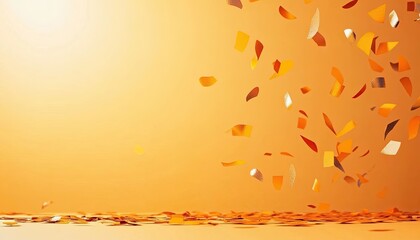 Colorful confetti falling against a warm orange background, creating a festive atmosphere