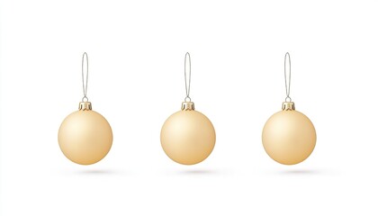 Three golden Christmas ornaments hanging in a row against a white background, ideal for festive decor