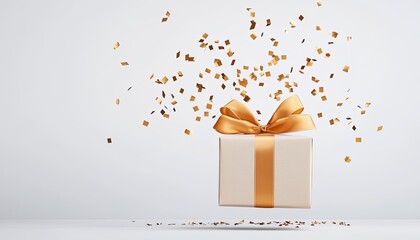 Elegant gift box with golden ribbon and confetti floating against a minimalist background