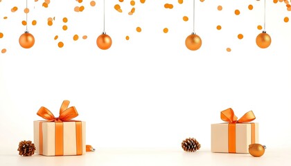 Festive scene featuring beautifully wrapped gifts with orange ribbons and ornaments, perfect for holiday celebrations