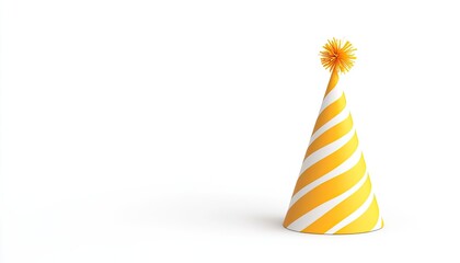 Bright yellow party hat with white stripes, isolated on a white background, perfect for celebrations