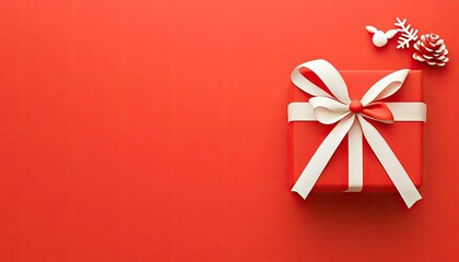 A beautifully wrapped red gift box adorned with a white ribbon, set against a vibrant red background, evoking festive cheer