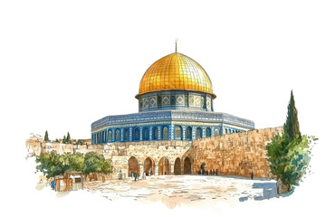 Fototapeta premium A beautifully illustrated depiction of the Dome of the Rock, showcasing its iconic golden dome and intricate architecture.