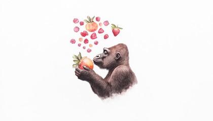 A gorilla curiously holds an apple surrounded by floating fruits, set against a plain background