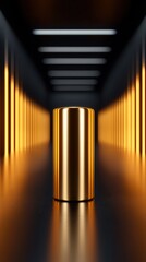 Obraz premium A stunning golden cylindrical object in a sleek, futuristic corridor with beautiful lighting effects.
