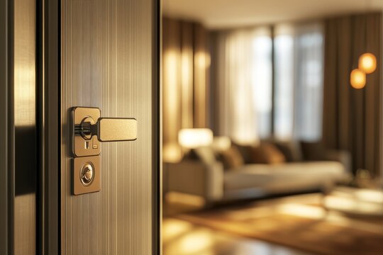 Open door revealing modern bedroom interior.
