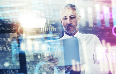 Overlay, graph and business man on tablet for finance analysis, website and fintech research. Office, professional and person on digital tech for stock trading, cryptocurrency and online investment