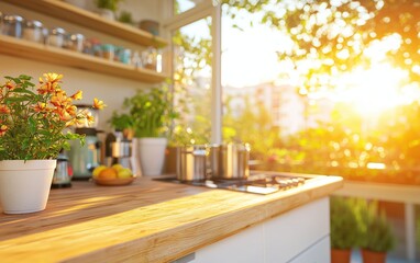 Fototapeta premium A bright kitchen with a wooden countertop, potted plants, and morning sunlight streaming through the windows, creating a cozy and fresh ambiance.